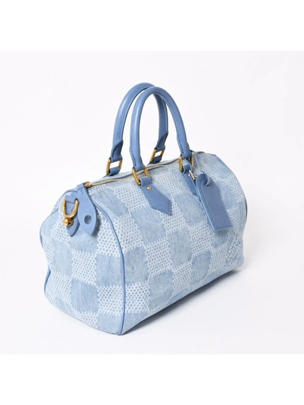 Louis Vuitton Speedy Bandouliere 30 Handbag Damier Denim 3D Cotton Blue Gold